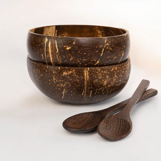 Jumbo Polished Coconut Bowls & Spoons - Reusable