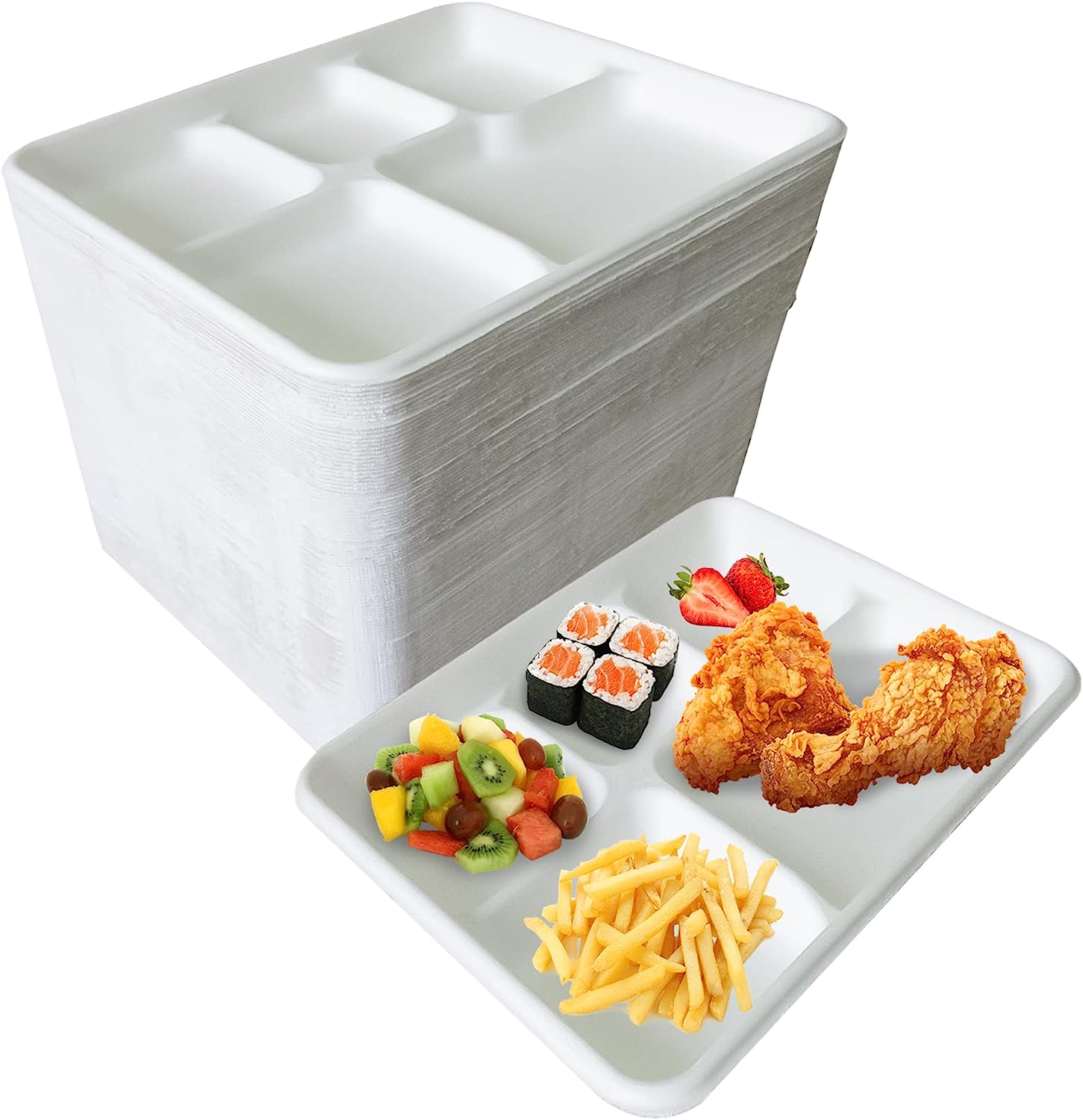 5 Compartment Disposable Plates White Large 10 x 8