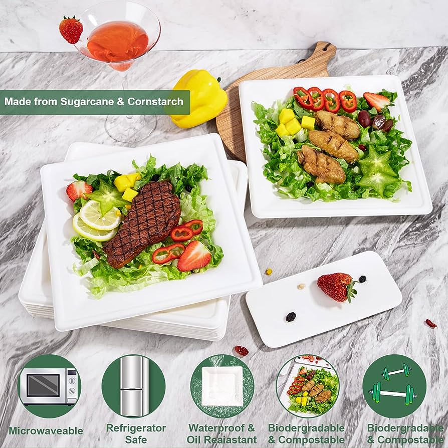 25cm (10") Compostable Square Bagasse Disposable Plate - Eco Leaf Products